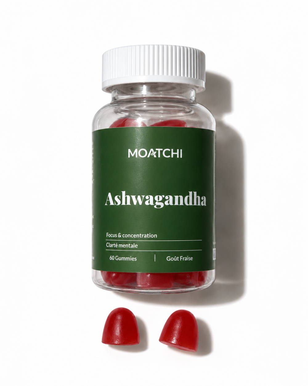 Pot de gummies MOATCHI Ashwagandha goût fraise avec deux gummies