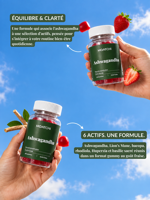 Deux pots MOATCHI Ashwagandha tenus en main : 6 actifs, une formule