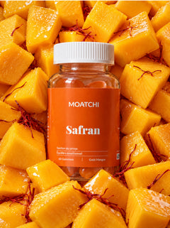 Pot de gummies MOATCHI Safran sur des cubes de mangue et des pistils de safran