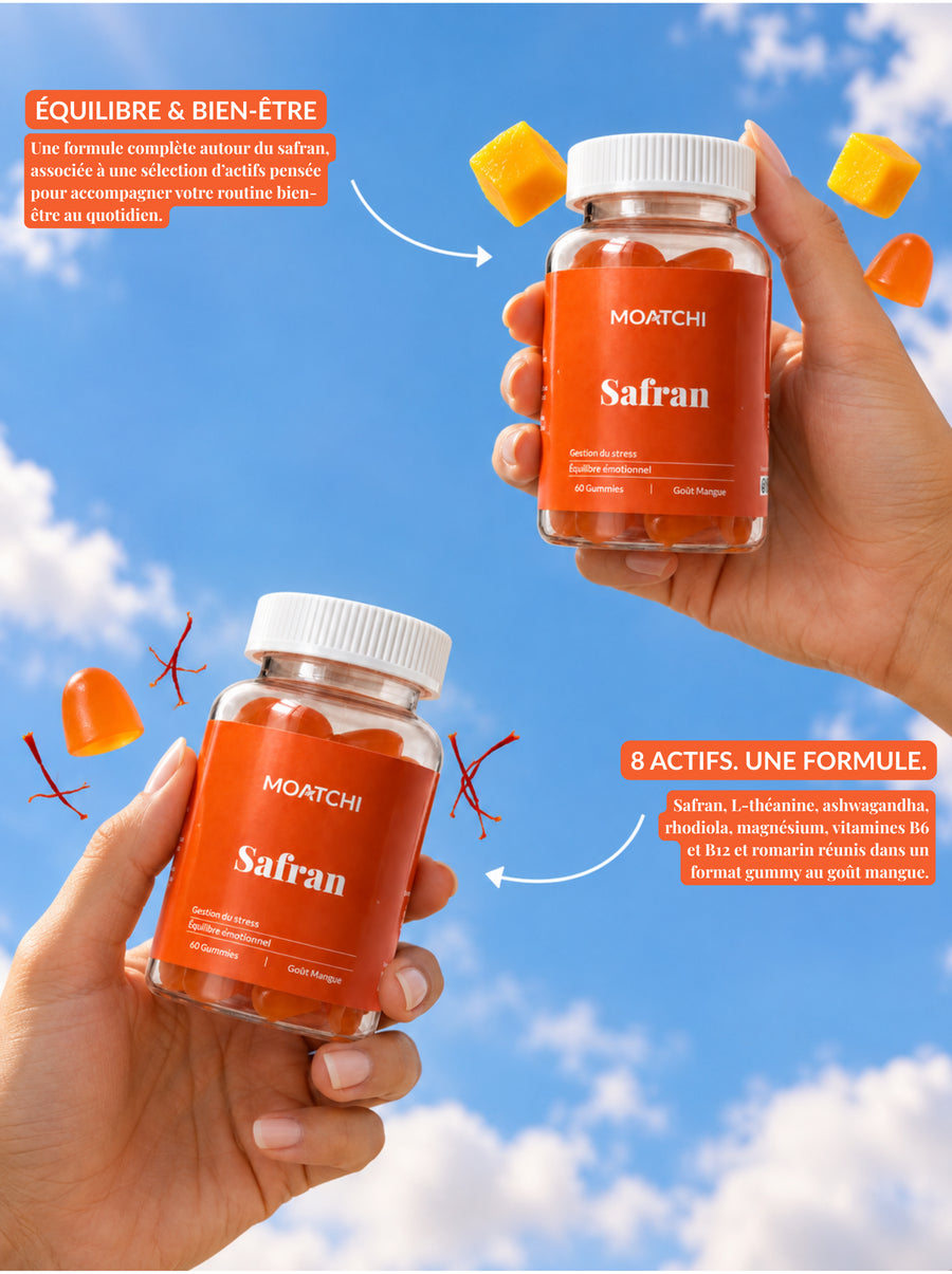 Deux pots MOATCHI Safran tenus en main : 8 actifs, une formule